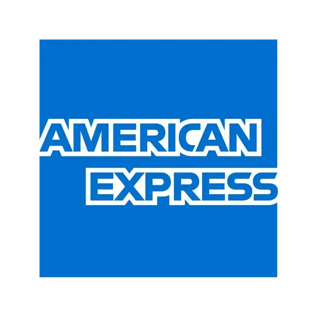 A blue and white american express logo on a white background