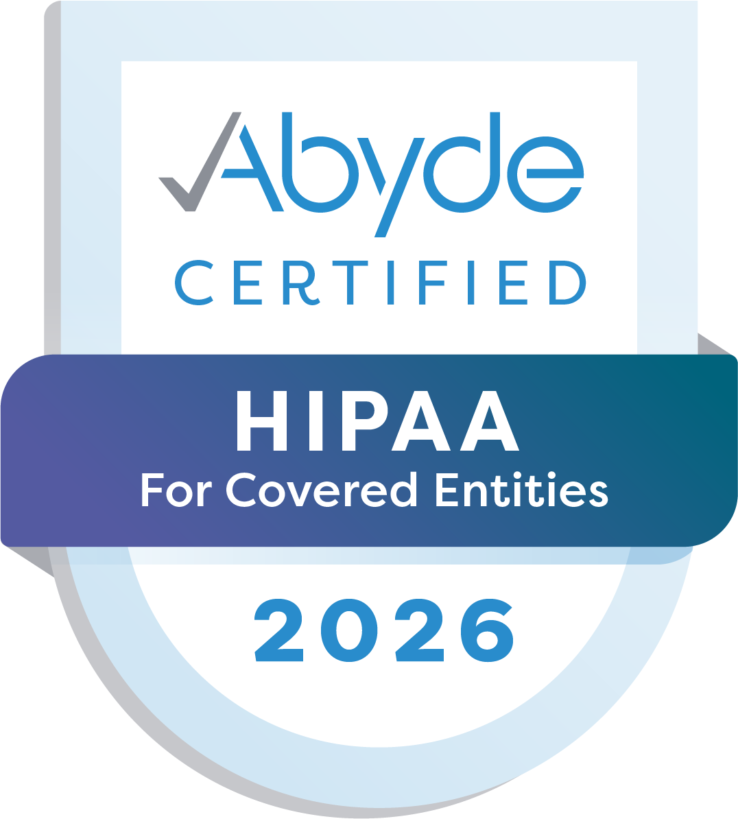 Abyde Certified HIPAA for Covered Entities badge with blue and white shield, labeled 2026