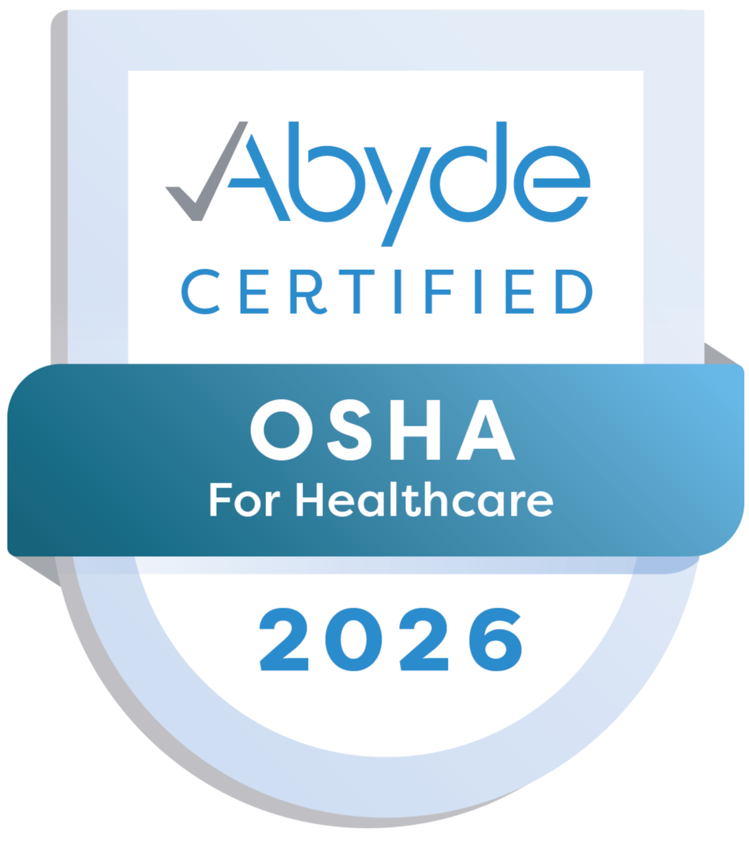 Abvde Certified OSHA for Healthcare badge with blue ribbon and “2026” text