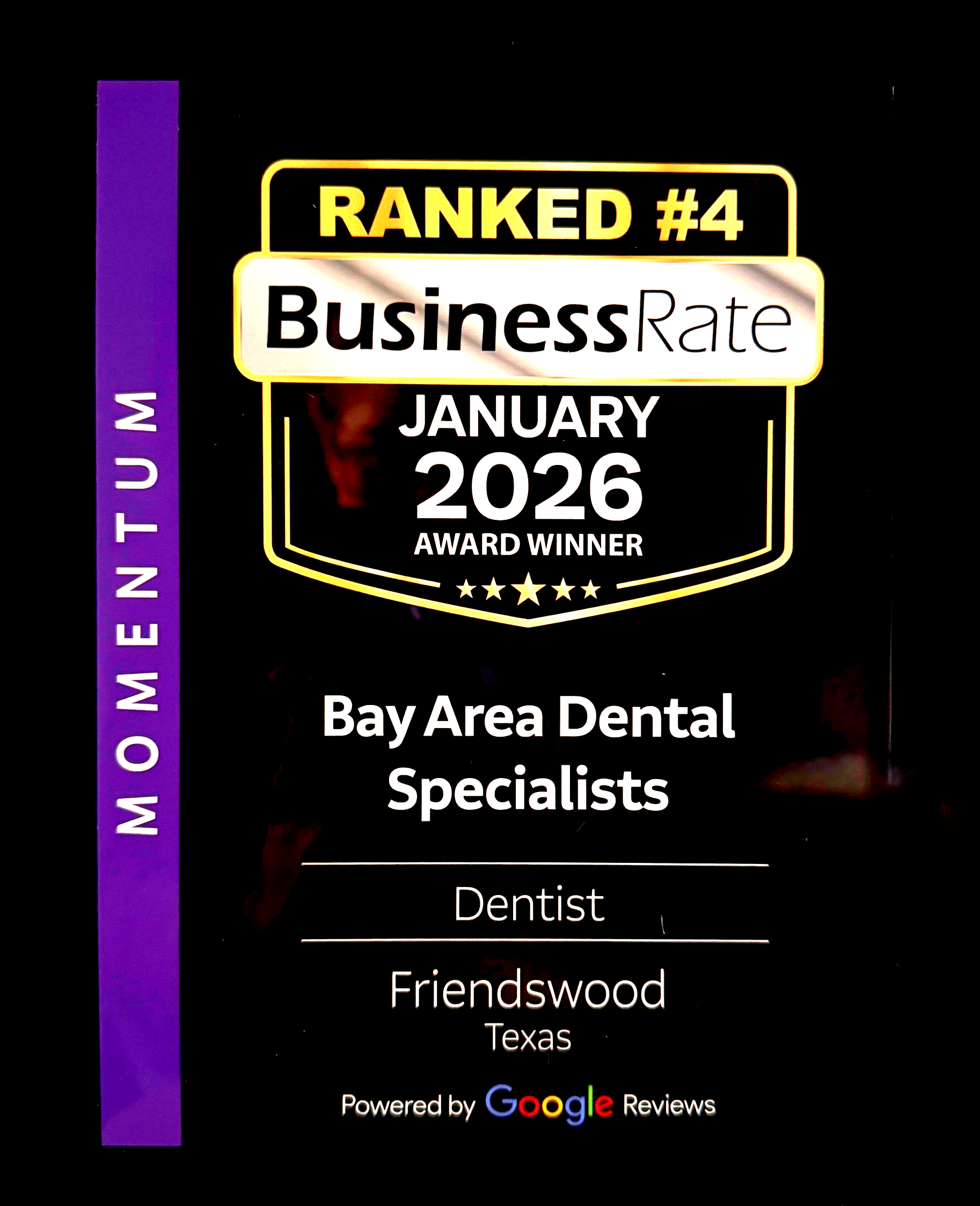 Award badge for Bay Area Dental Specialists, ranked #4 in Friendswood, Texas by BusinessRate in January 2026.