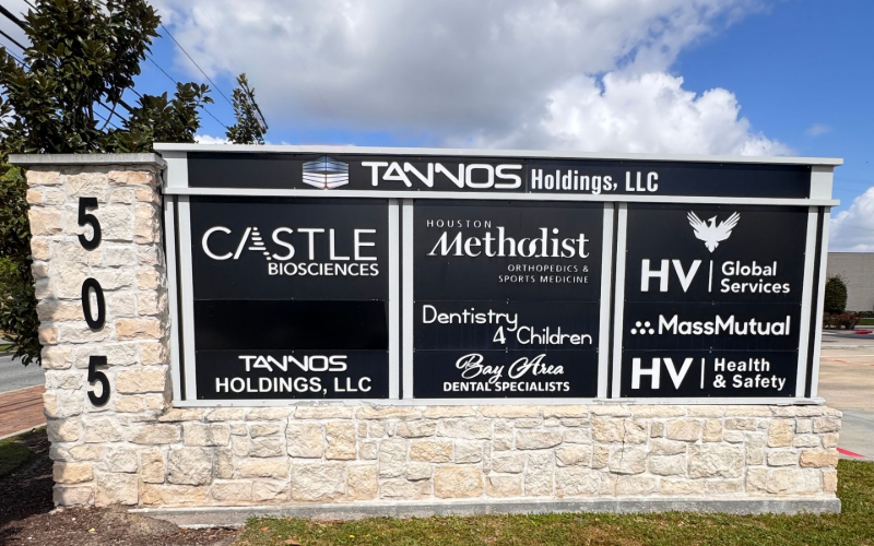 A stone monument sign at 505 Tannos Holdings, LLC listing several medical and professional business tenants.