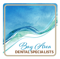 The logo for bay area dental specialists is a watercolor painting of a wave.