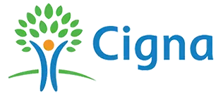A cigna logo with a tree and a person in the middle