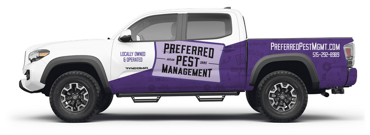 White and purple Preferred Pest Management truck.