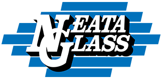 Logo for Neata Glass, blue and white text on a blue background.