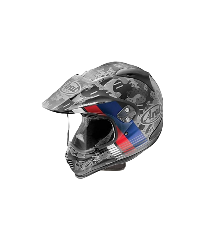 A motorcycle helmet with a red , white and blue design on a white background.