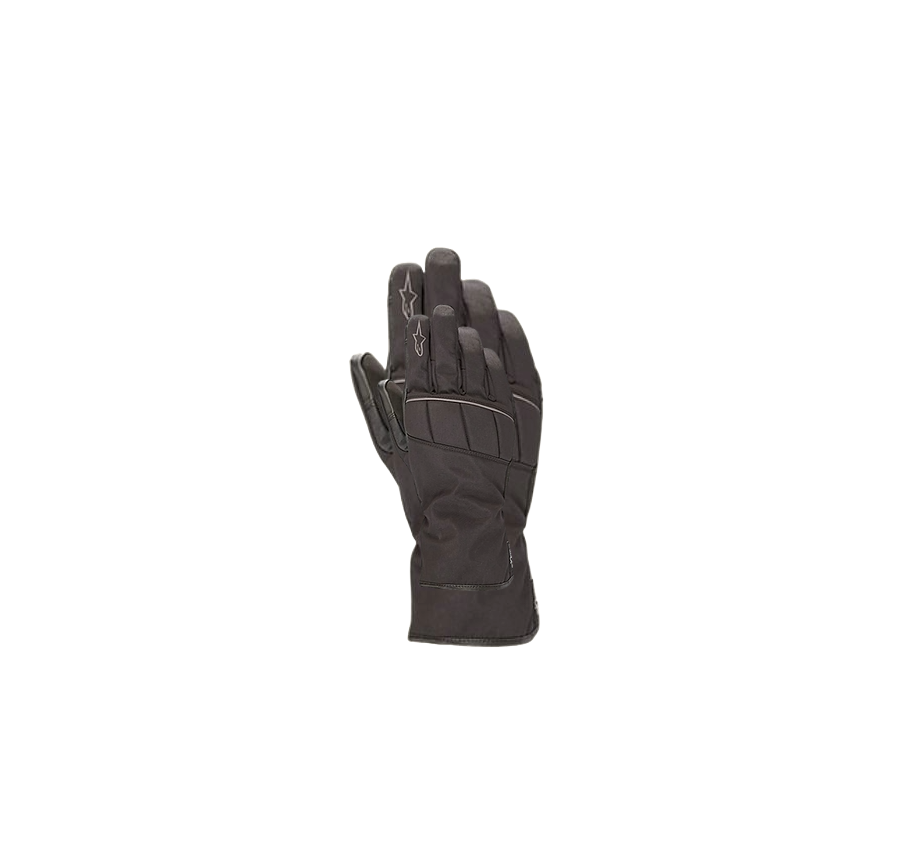 A pair of black motorcycle gloves on a white background.