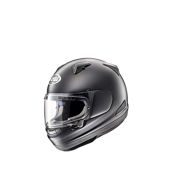 A black motorcycle helmet is on a white background.