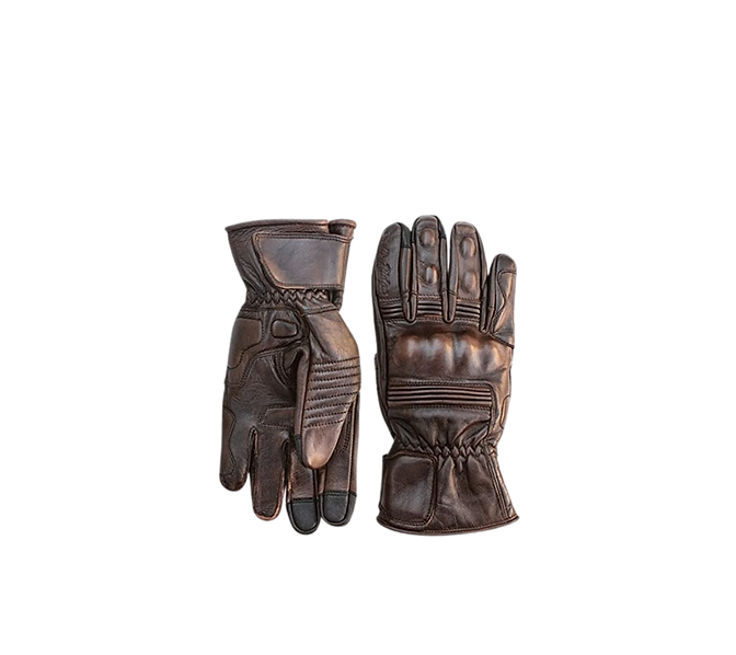 A pair of brown leather motorcycle gloves on a white background.