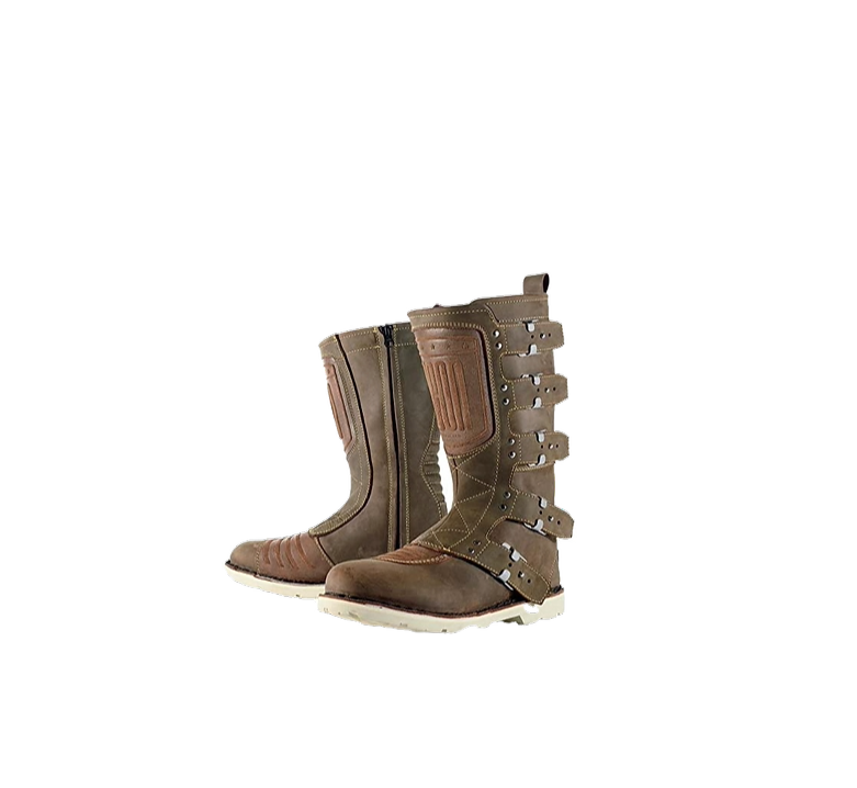 A pair of brown motorcycle boots on a white background.