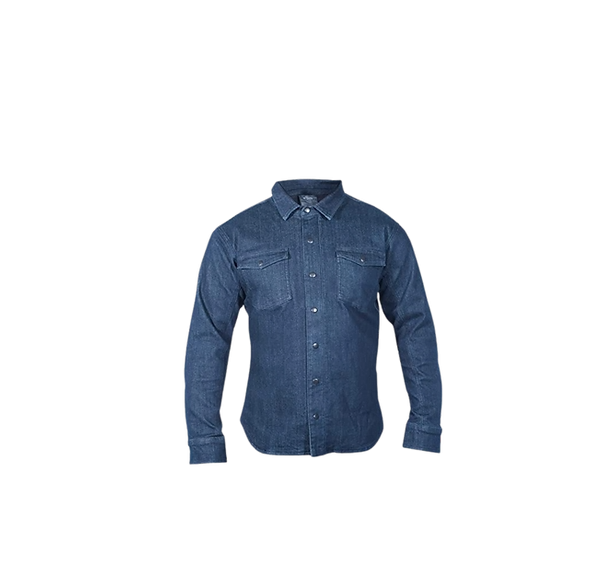 A blue denim shirt with long sleeves on a white background