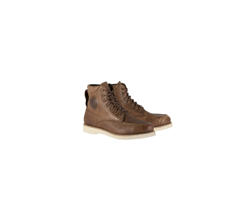 A pair of brown motorcycle boots on a white background.