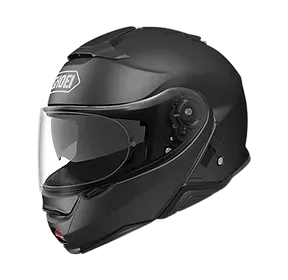 A black motorcycle helmet with a clear visor on a white background.