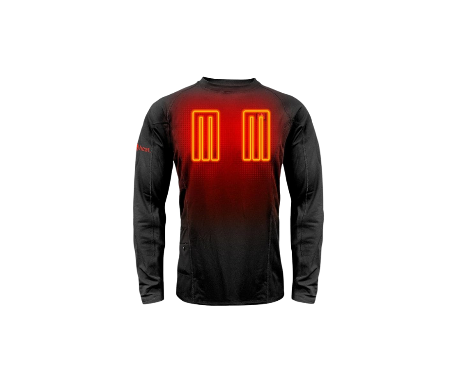 Black long-sleeved shirt with illuminated orange heating panels on the chest.