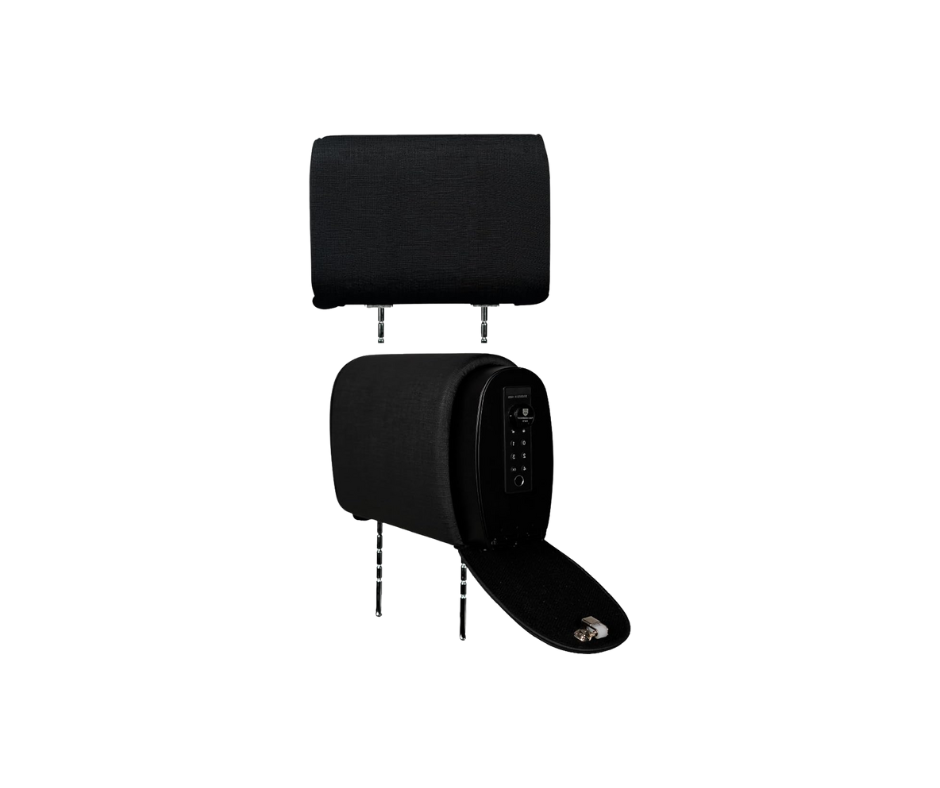 Black car headrest with a hidden safe, door open, revealing keypad.