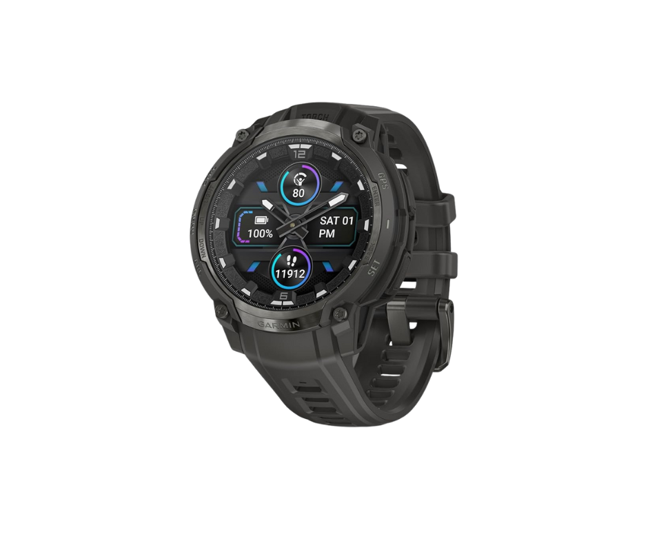 Black smartwatch with round display, showing time and health data.