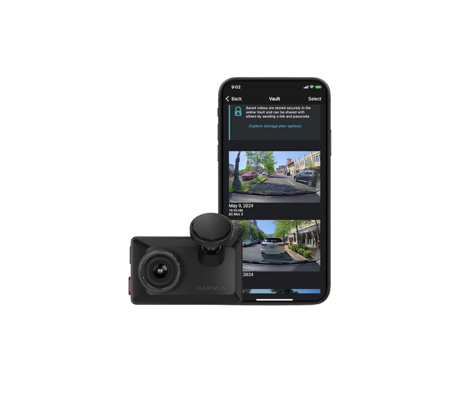 Black dash camera next to a smartphone displaying a video footage app.