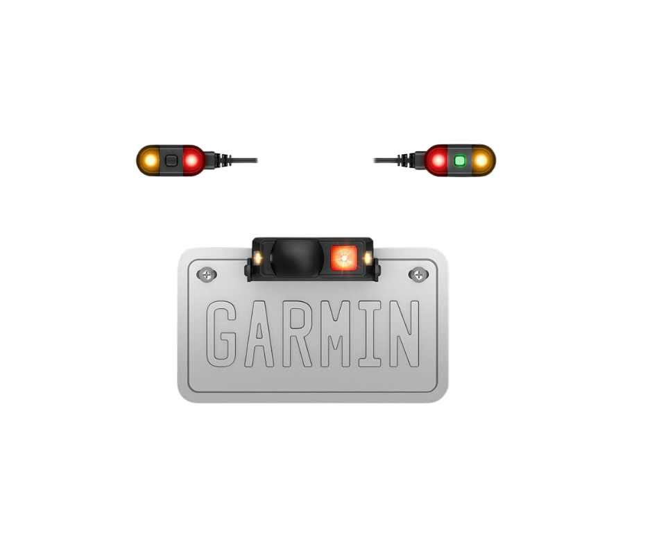 Garmin motorcycle safety lights: license plate mount with yellow, red, and green lights; two separate lights also shown.
