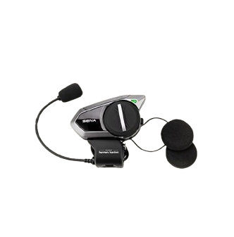 A motorcycle headset with a microphone attached to it on a white background.