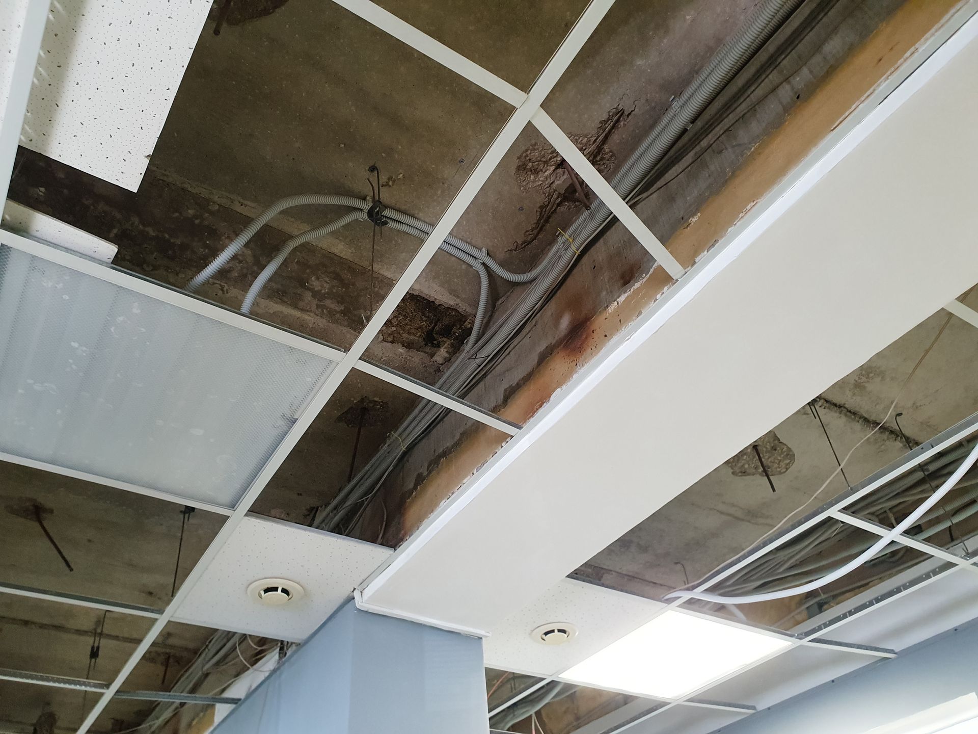 Ceiling of a room in the process of replacement, showing its electrical wiring.