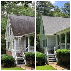 Before-and-after of a house roof: old dark shingles with a ladder, and new light gray shingles.