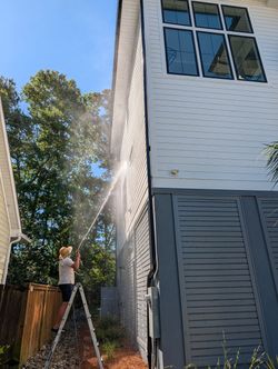 Person on a ladder power-washing the side of a white house beside trees and a fence