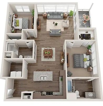 3D floor plan of a two-bedroom apartment with an open-concept kitchen, dining area, living room, and balcony.
