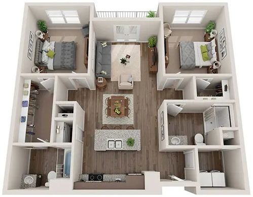 A 3D floor plan showing a two-bedroom, two-bathroom apartment with an open-concept kitchen, dining, and living area.