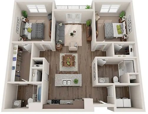 A floor plan for a two-bedroom apartment featuring a central living area, kitchen with island, and two bathrooms.