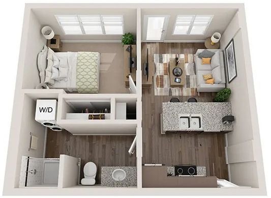 Top-down floor plan of a one-bedroom apartment with a living area, kitchen, bathroom, and laundry closet.