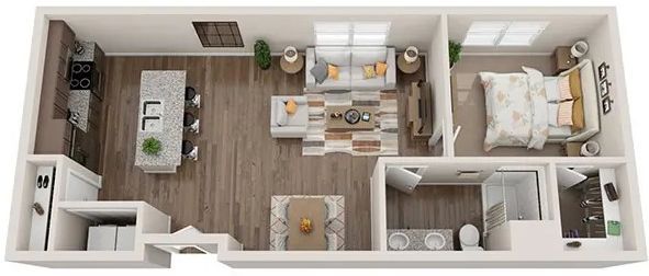 Top-down 3D floor plan of a one-bedroom apartment featuring an open kitchen, living area, bedroom, and bathroom.