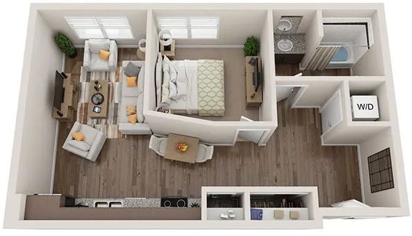 A 3D floor plan of a one-bedroom apartment with a living room, kitchen, dining area, bathroom, and laundry closet.