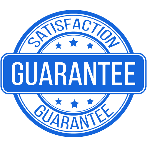 A blue satisfaction guarantee stamp on a white background.