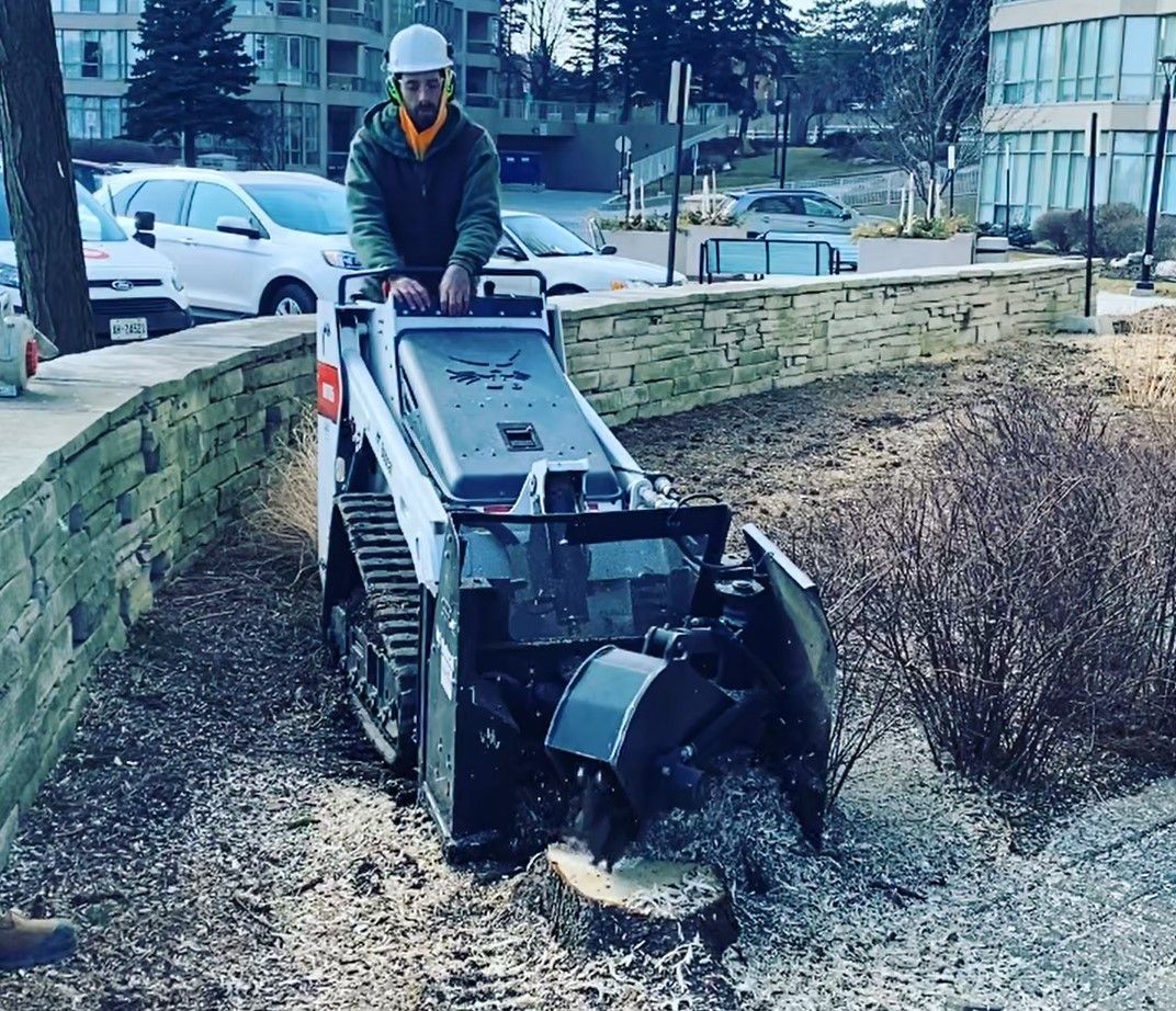 A man is using a tractor to remove a tree stump.