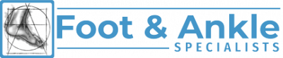 Foot & Ankle Specialists logo with foot illustration and blue text.