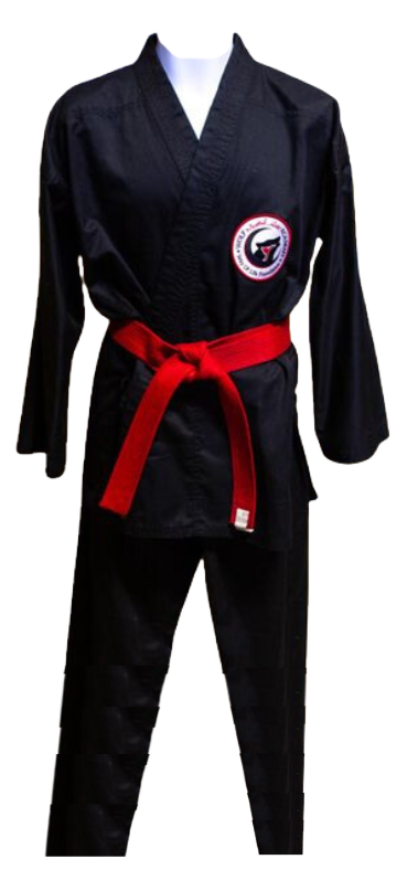 A black karate uniform with a red belt is on a mannequin.