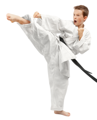 A young boy in a white karate uniform with a black belt is kicking in the air.