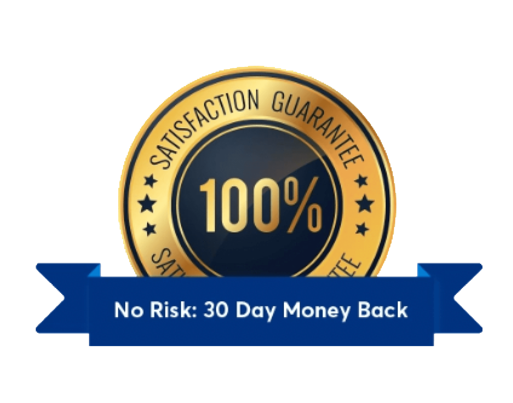 A 100 % satisfaction guarantee badge with a blue ribbon