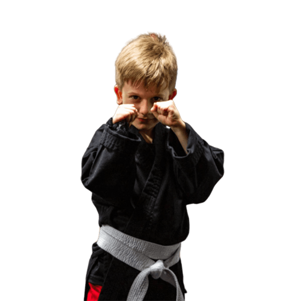 A young boy in a black karate uniform with a white belt