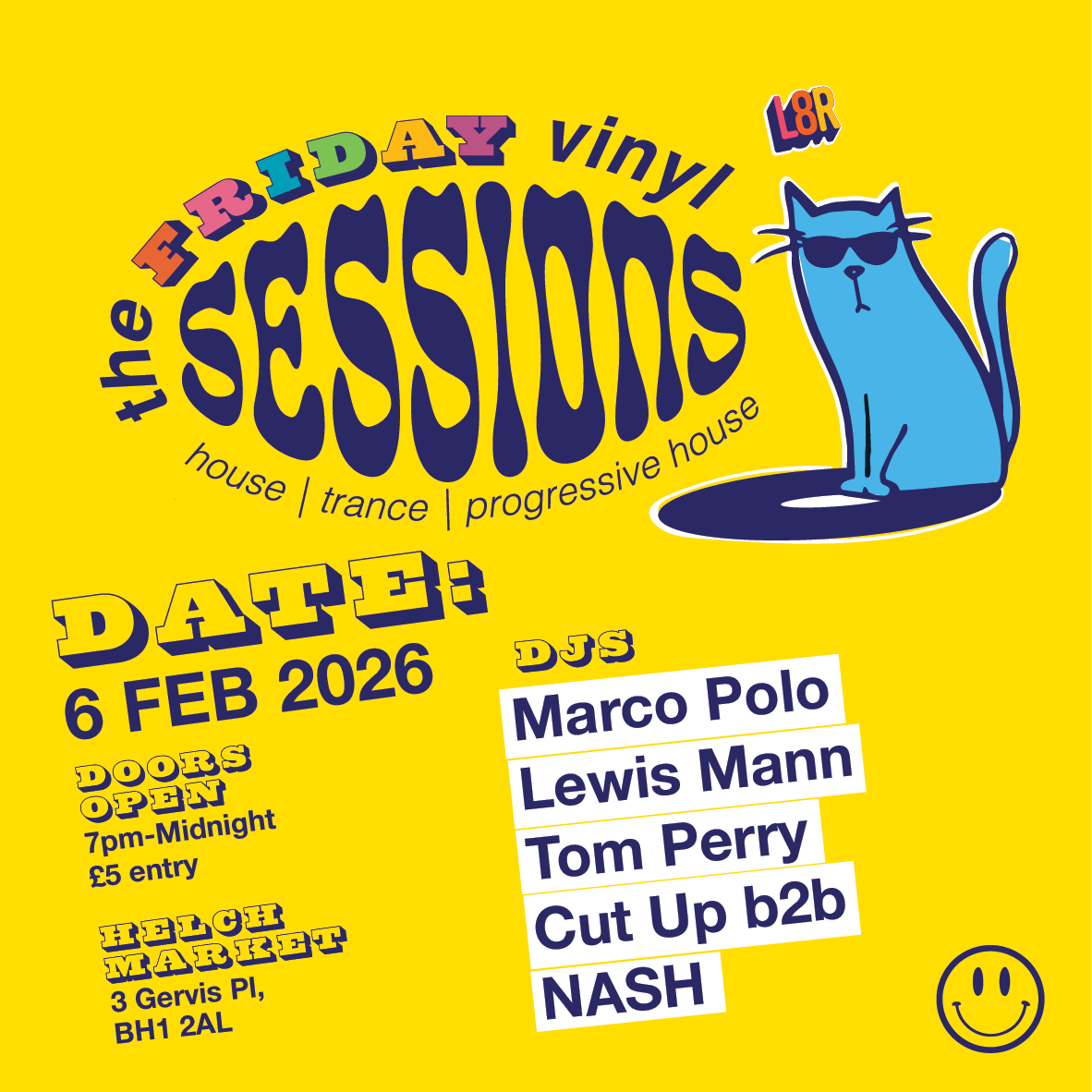 A blue cat wearing sunglasses is on a yellow background with the words vinyl sessions