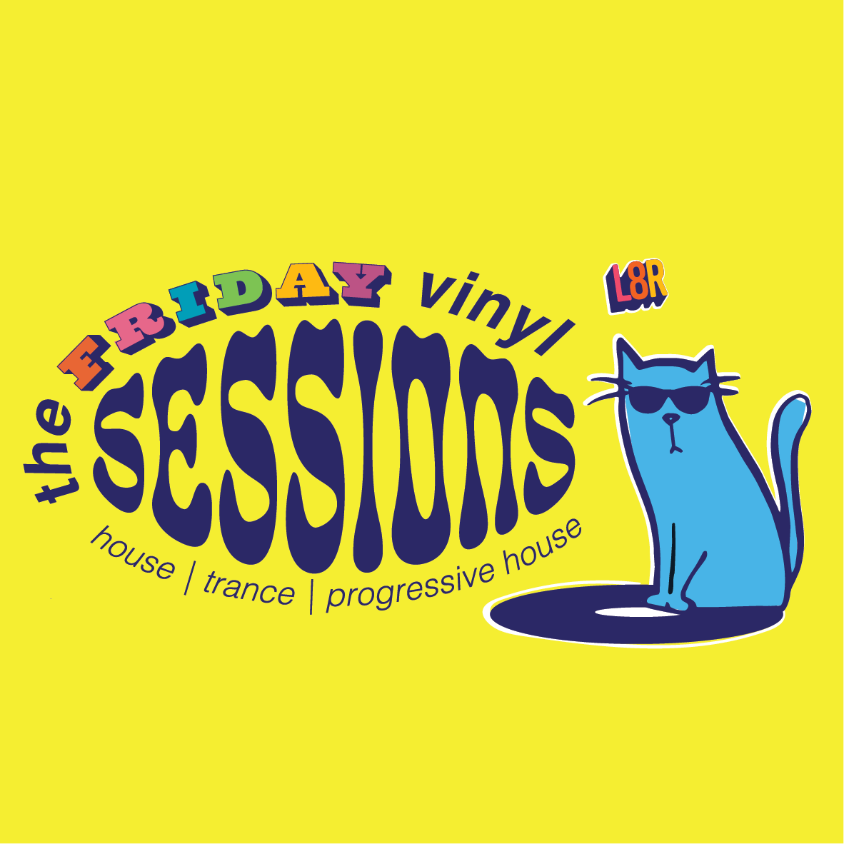 A blue cat wearing sunglasses is on a yellow background with the words vinyl sessions