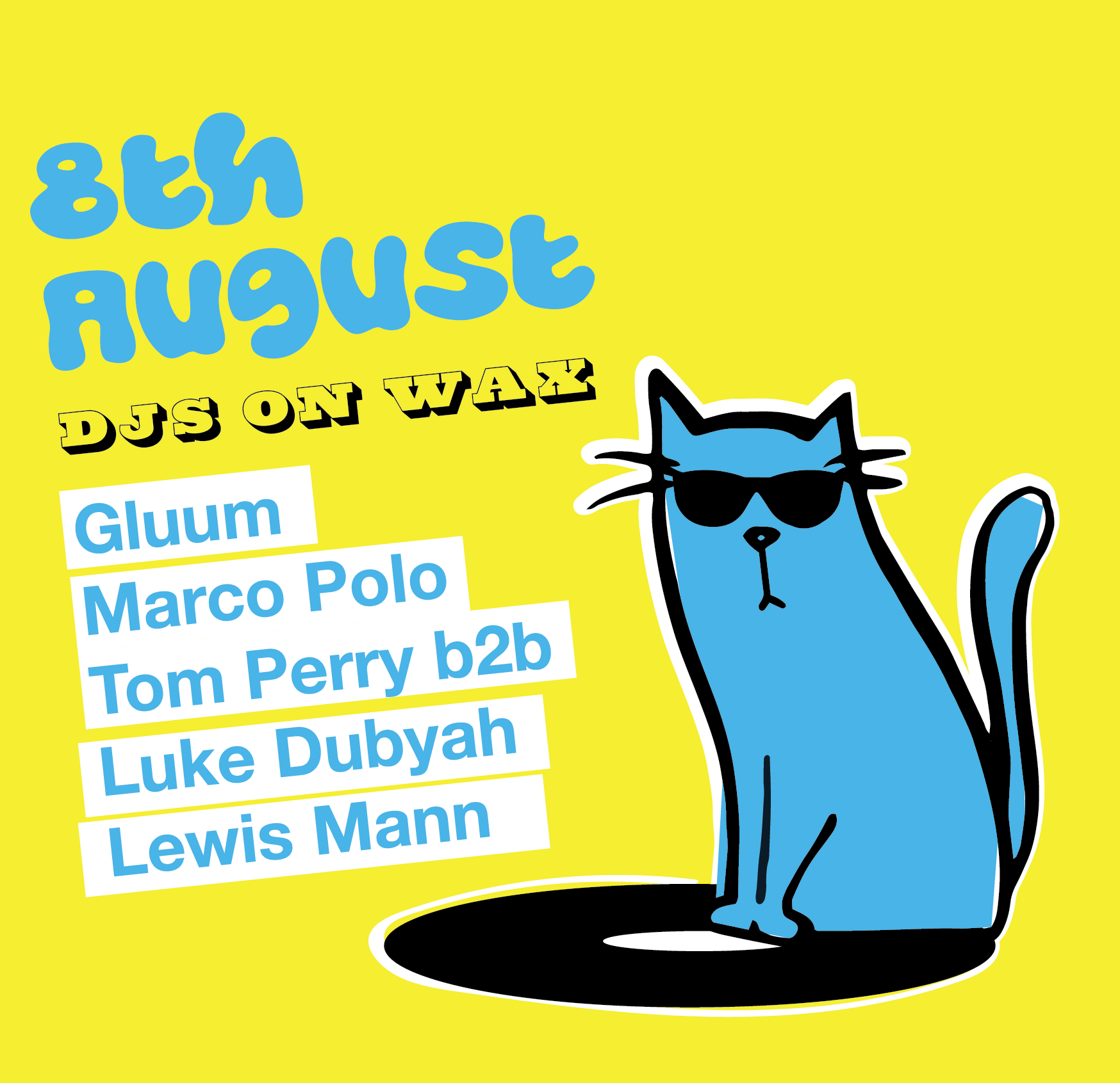 A blue cat wearing sunglasses is on a yellow background with the words vinyl sessions