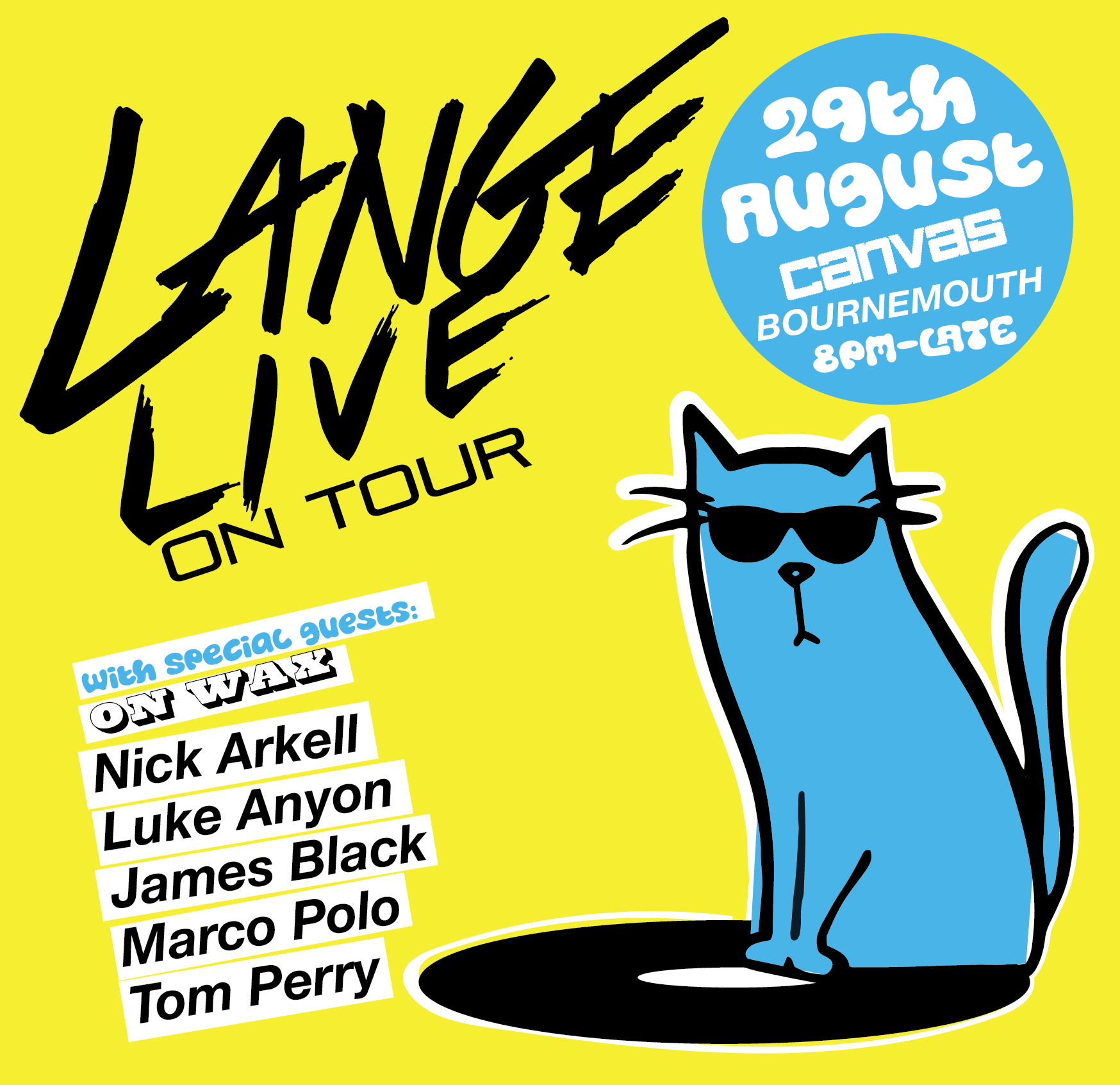 A poster for lange live on tour shows a blue cat wearing sunglasses