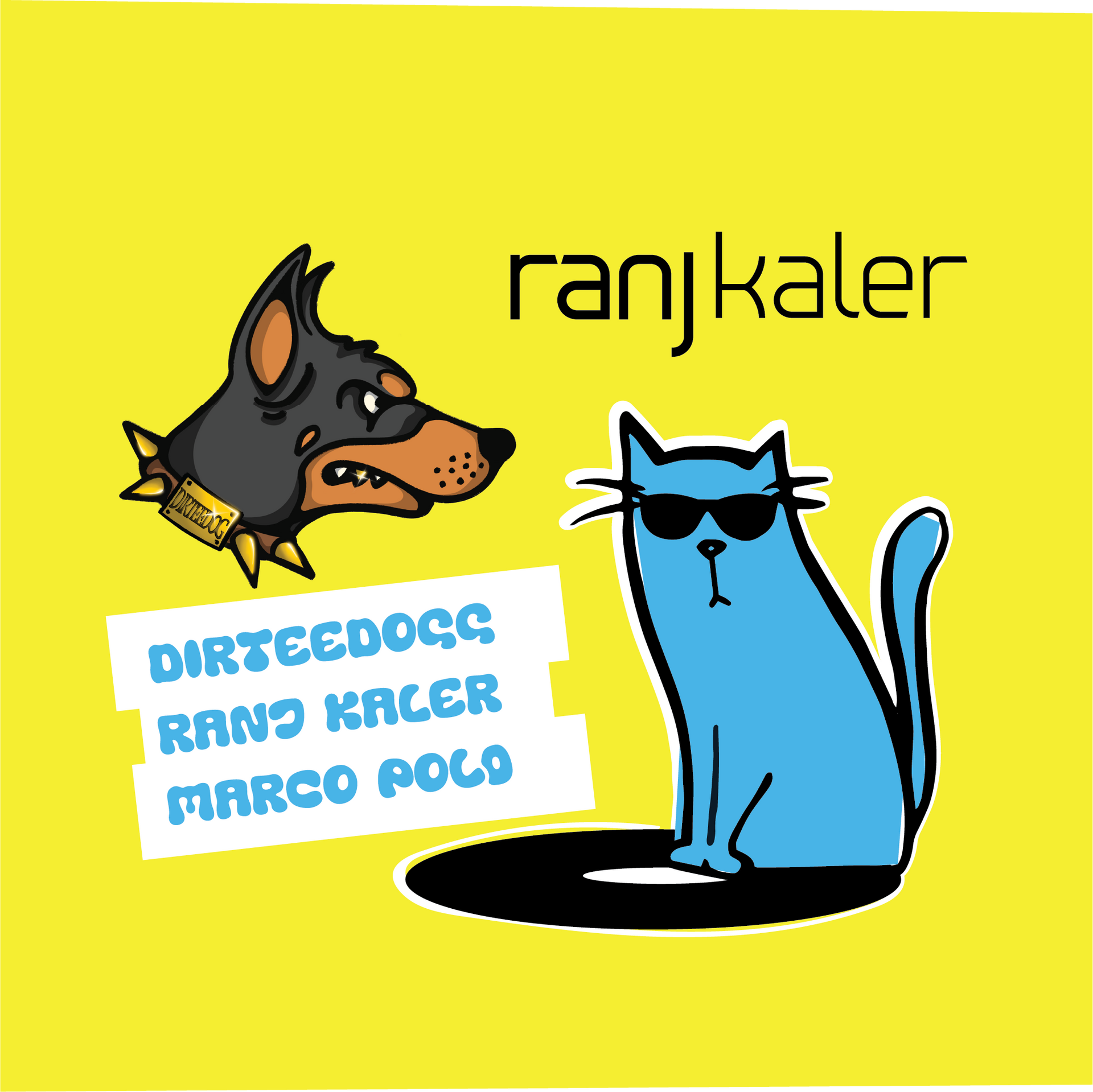 A drawing of a dog and a cat with the words ranj kaler on the bottom