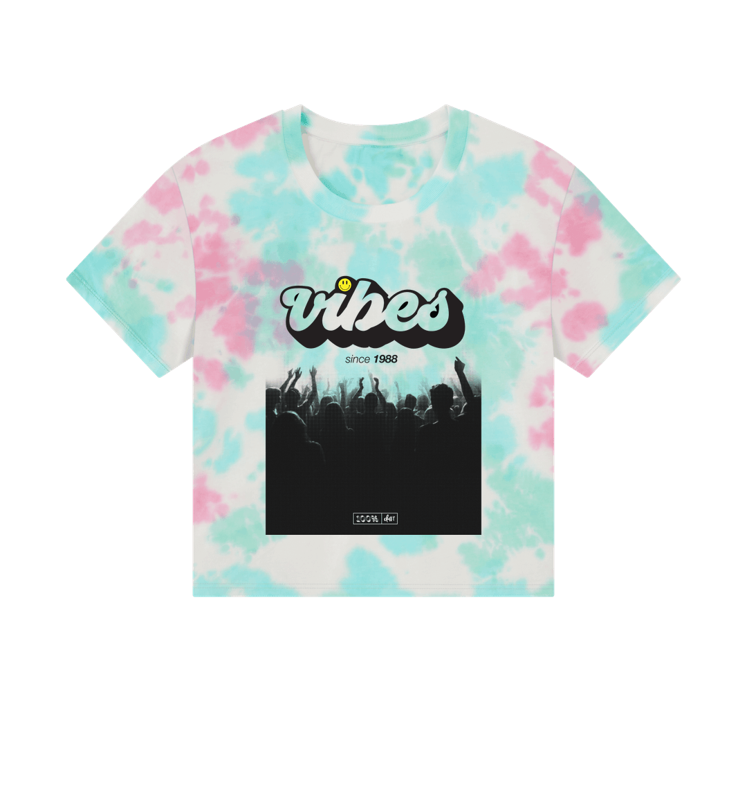 A tie dye t-shirt with the word vibes on it