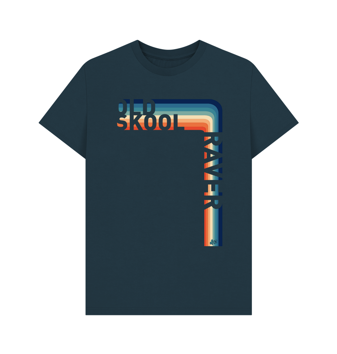 A dark blue t-shirt with a rainbow design on it