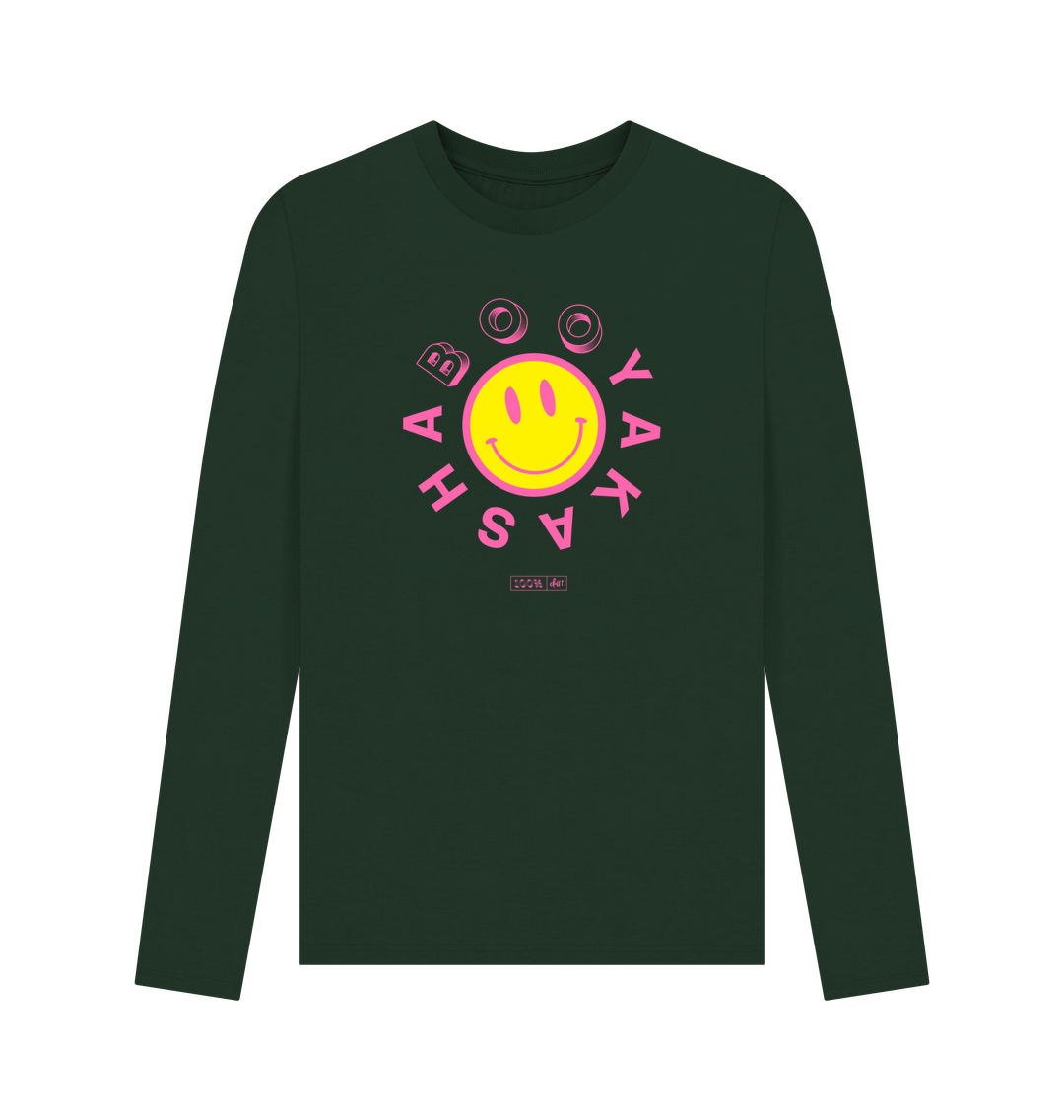 A green long sleeve t-shirt with a smiley face on it.