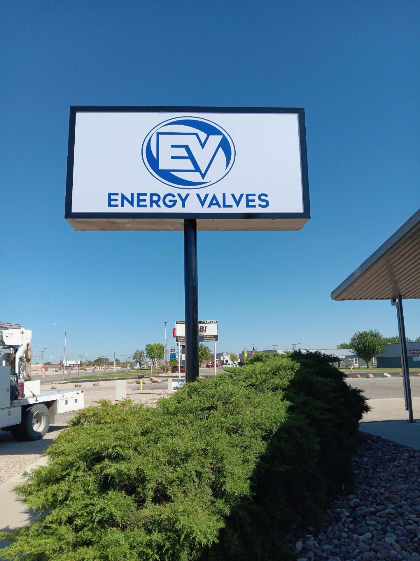 A large sign that says energy valves on it