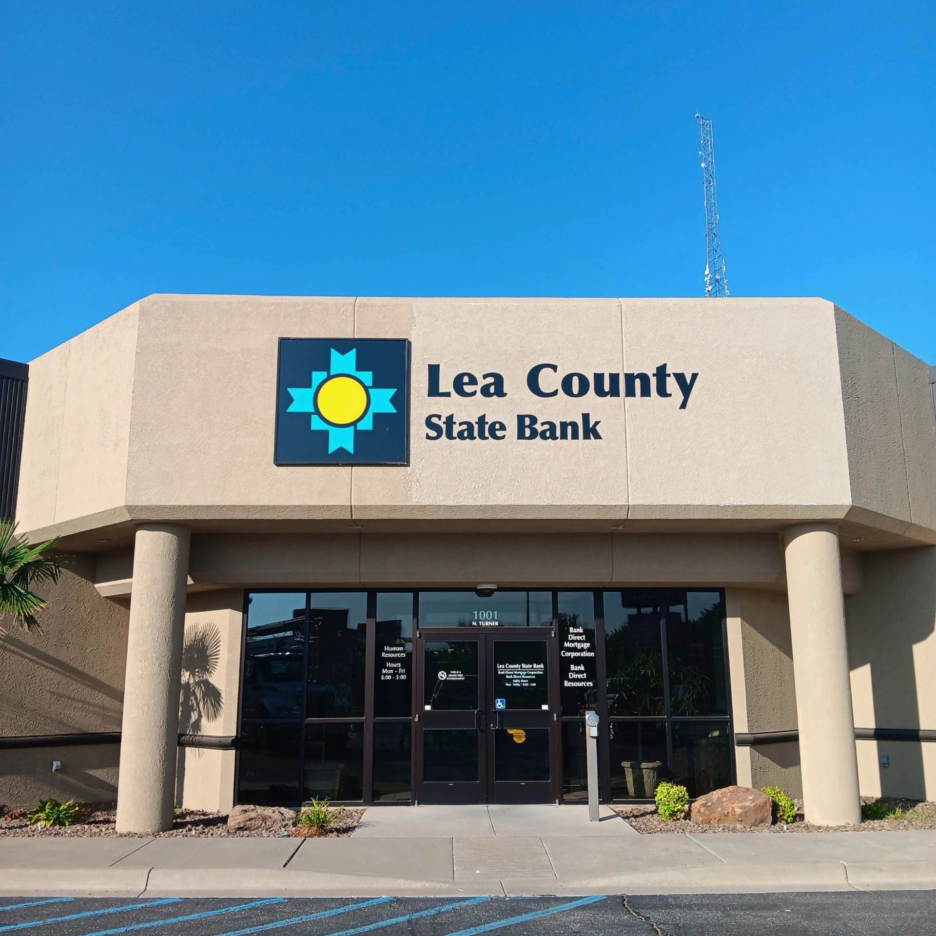 The front of a lea county state bank building