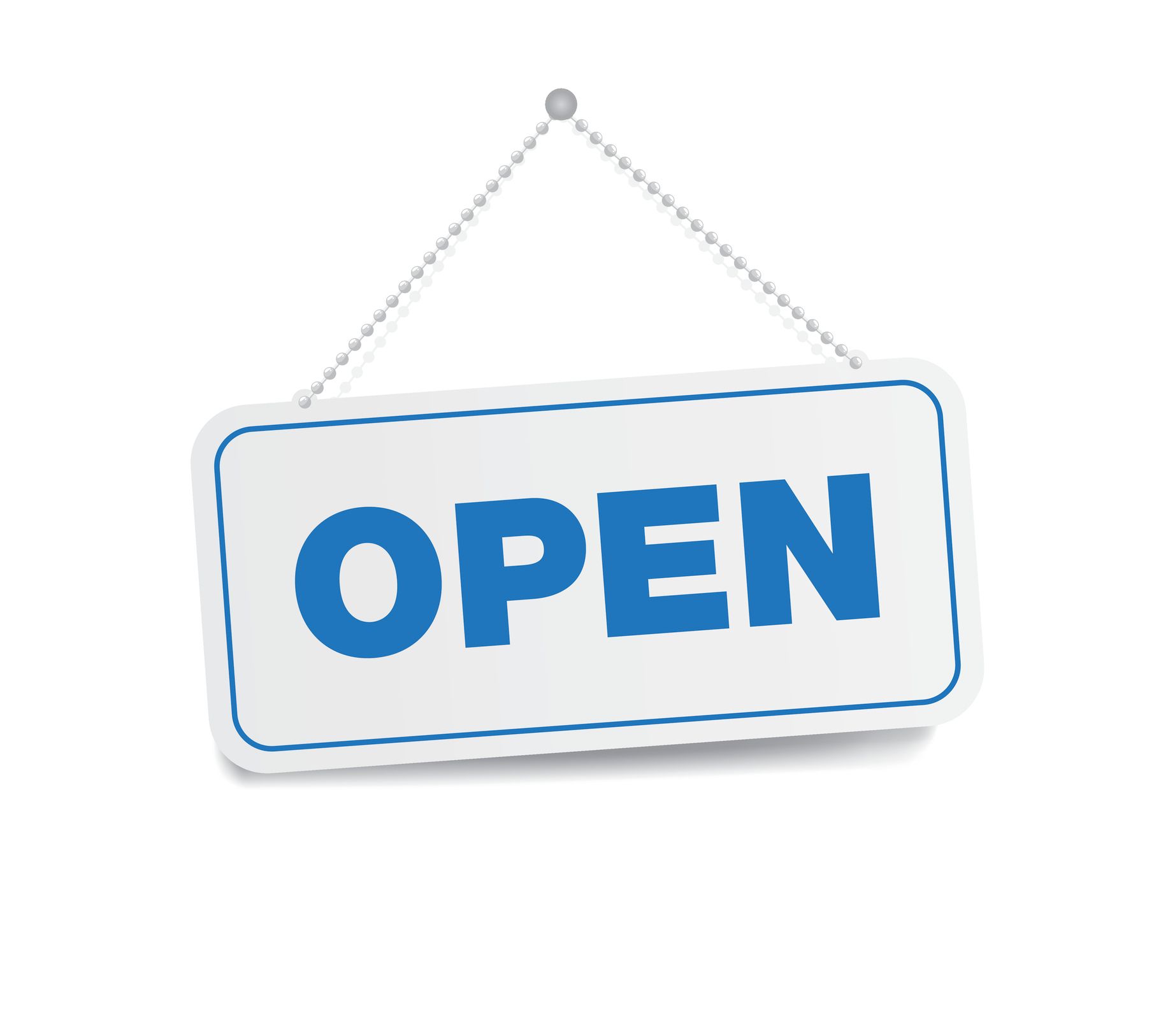 A blue and white open sign is hanging on a chain.